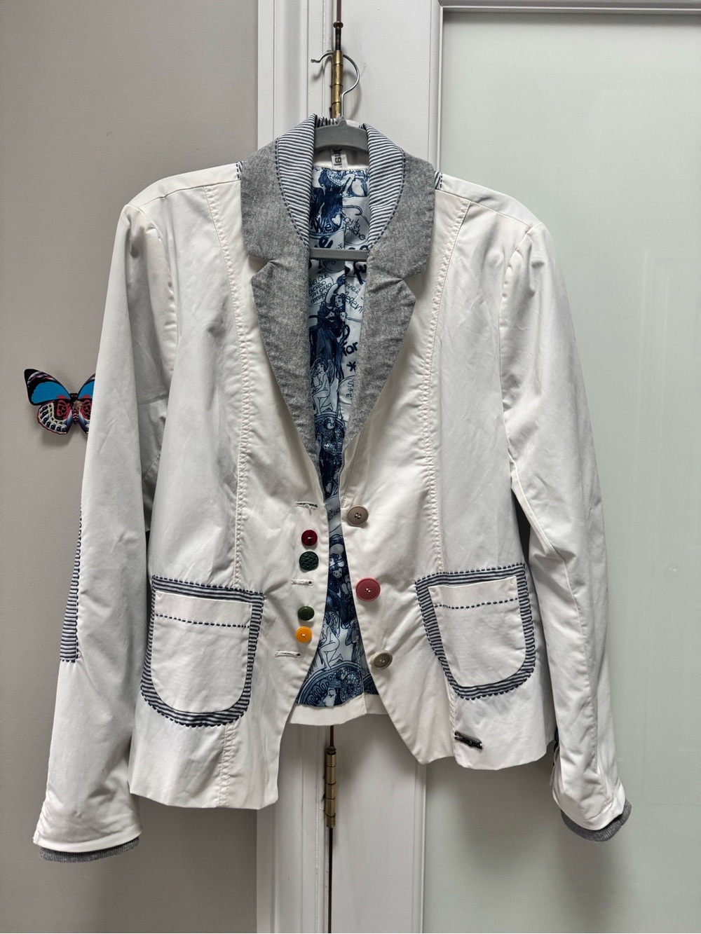 Desigual White Blazer with Gray Trim and Multicolor Buttons
